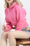 3 İplik Kapşonlu Crop Sweat Pembe - 20967.1878.ERC3025