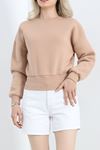 Bisiklet Yaka 3 İplik Crop Sweat Bej - 20968.1878.ERC3025